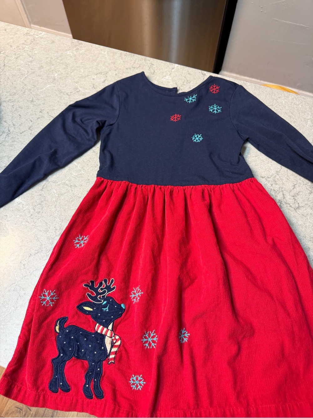 Girls Navy and Red Reindeer Appliqué Holiday Dress